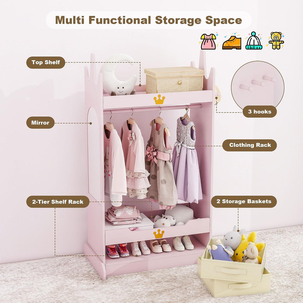 FTZxHKLX Kids Dress Up Storage with Mirror, Kids Open Hanging Armoire, Pink | Open Hanging Armoire Closet with Storage, Costume Storage Dresser with 3 Hooks, Crown-Shaped Design, Princess Style