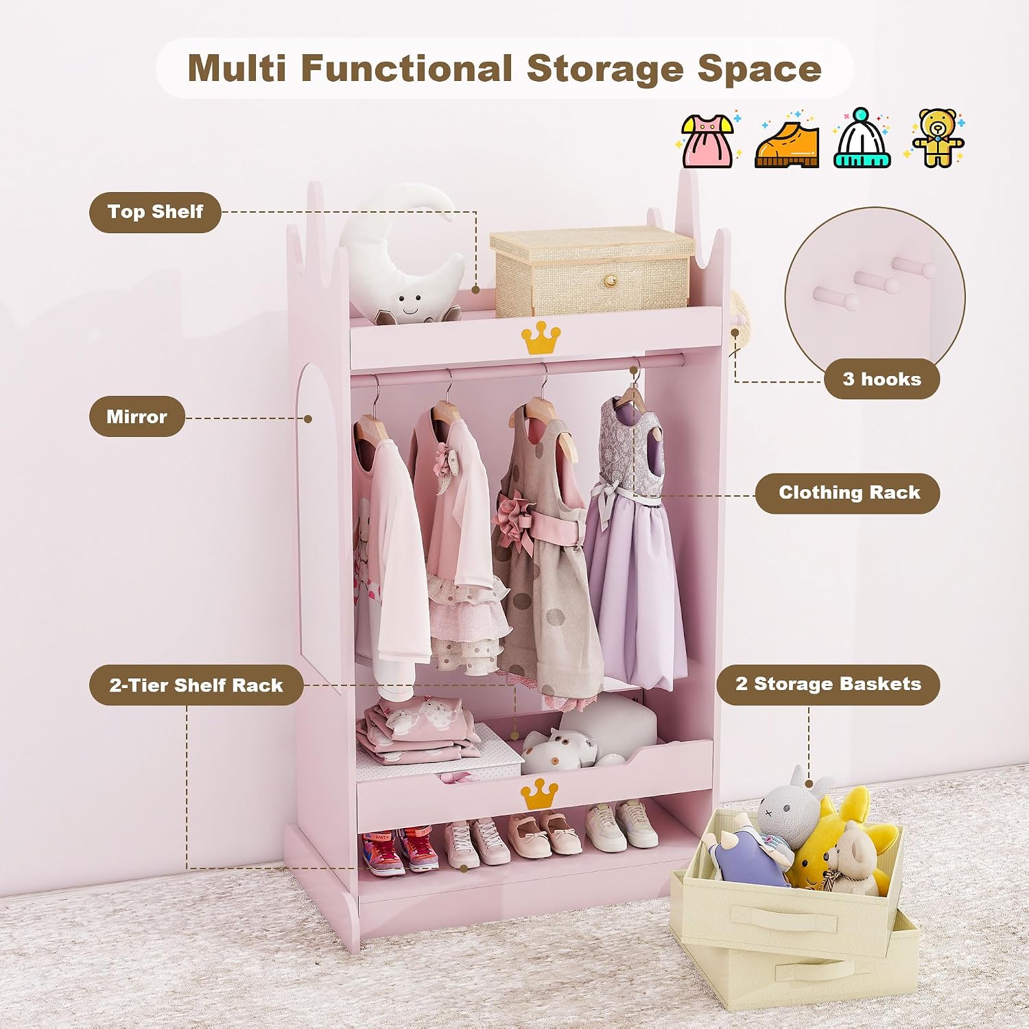 FTZxHKLX Kids Dress Up Storage with Mirror, Kids Open Hanging Armoire, Pink | Open Hanging Armoire Closet with Storage, Costume Storage Dresser with 3 Hooks, Crown-Shaped Design, Princess Style