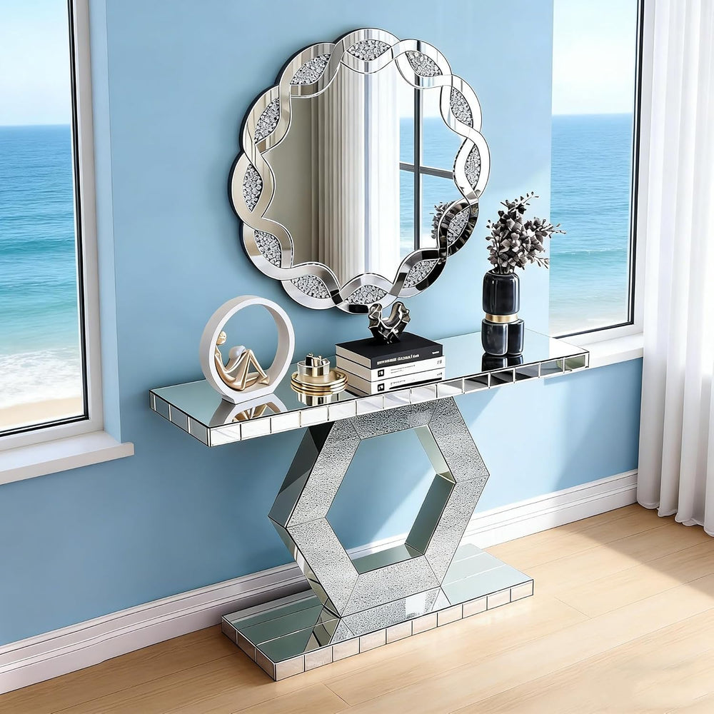 SSLine 2-Piece Set Mirrored Console Table with Wall Mirror, 55" Modern M...