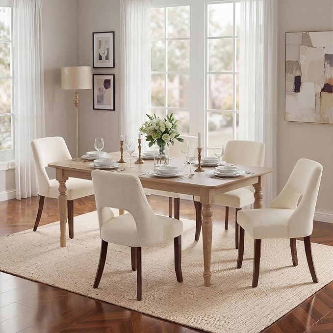 UVV Wooden Dining Chairs Set of 2, Mid Century Modern Fabric Upholstered Dining Room Chair Kitchen Chairs, Farmhouse Dinner Chair with Solid Wood Legs for Kitchen Dining Room, Beige