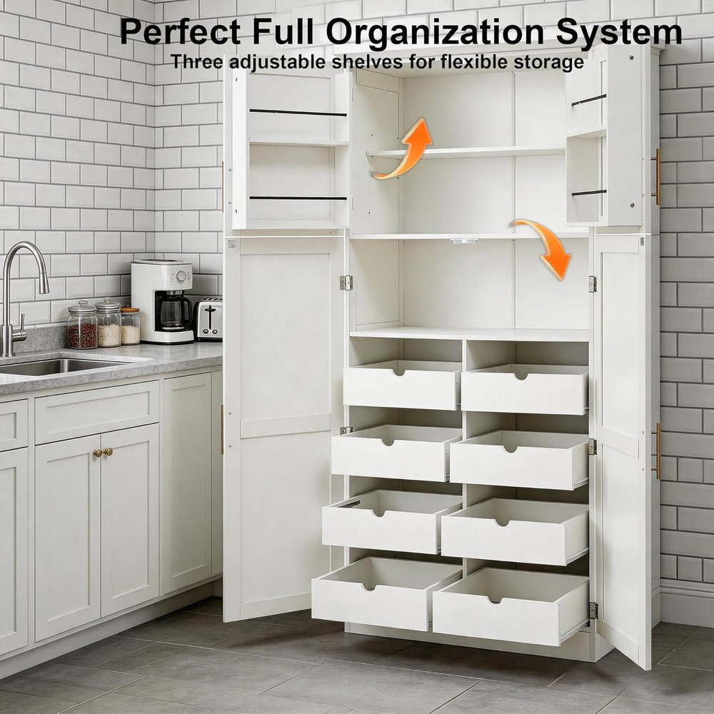 71 Inch Kitchen Pantry Cabinet with Pull-Out Trays, White | White P2 MDF, kit...