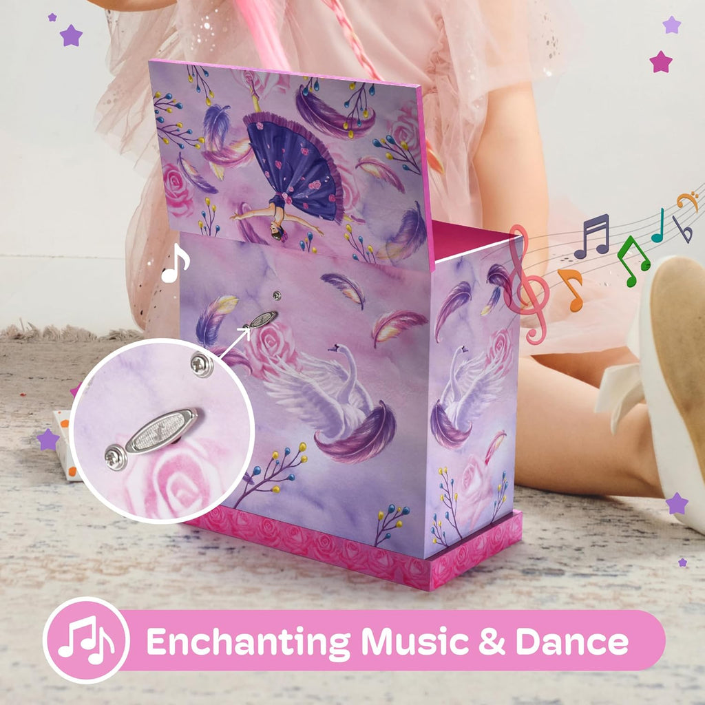 Jewelkeeper Pink and Purple Ballerina 3 Drawers Jewelry Box for Girls - Little Girl's Wooden Jewelry Box with Necklace Carousel - for Kids or Teen Necklaces and Accessories