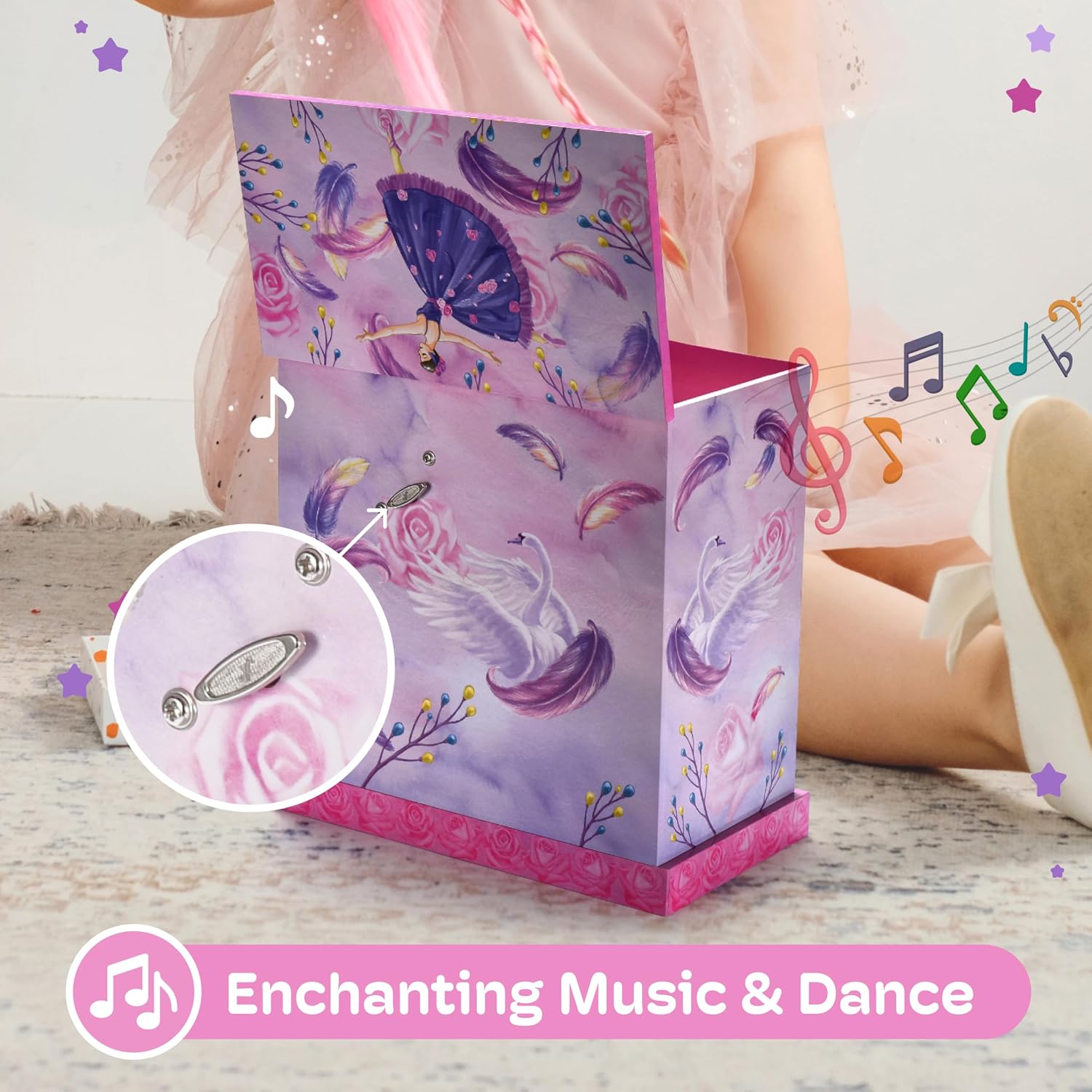 Jewelkeeper Pink and Purple Ballerina 3 Drawers Jewelry Box for Girls - Little Girl's Wooden Jewelry Box with Necklace Carousel - for Kids or Teen Necklaces and Accessories