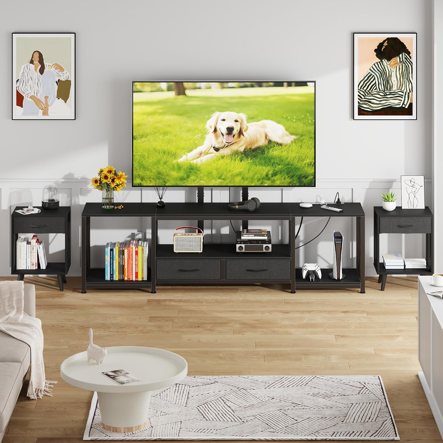 GYIIYUO LED TV Stand with Mount and Power Outlet & Fabric Drawers for 32-85 Inches TV - Entertainment Center and Industrial TV Console Table for Living Room, Bedroom- 47.5" Black