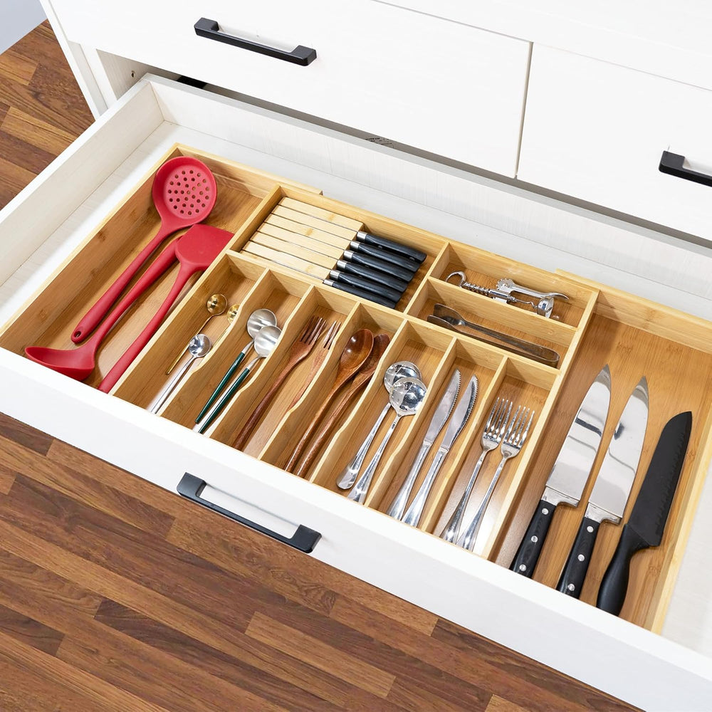 VaeFae Extra Large Kitchen Utensil Holder, Bamboo Silverware Drawer Organizer...