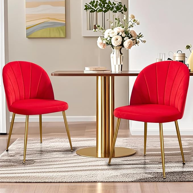 Velvet Dining Chairs Set of 4, Upholstered Mid Century Modern Dining Room Chairs, Armless Accent Chair with Metal Gold Legs for Living Room, Kitchen, Rose Red