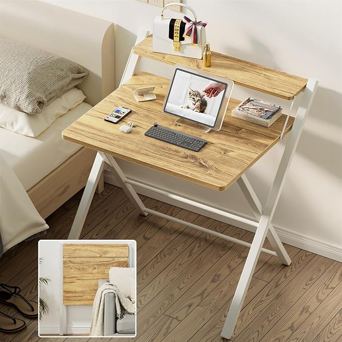 GreenForest Portable Small Desk No Assembly, 2-Tier Compact Computer Desk with Shelf, Space Saving Foldable Table for Home Office, Bedroom or Apartment, Portable Collapsible Sturdy Laptop Desk, Oak