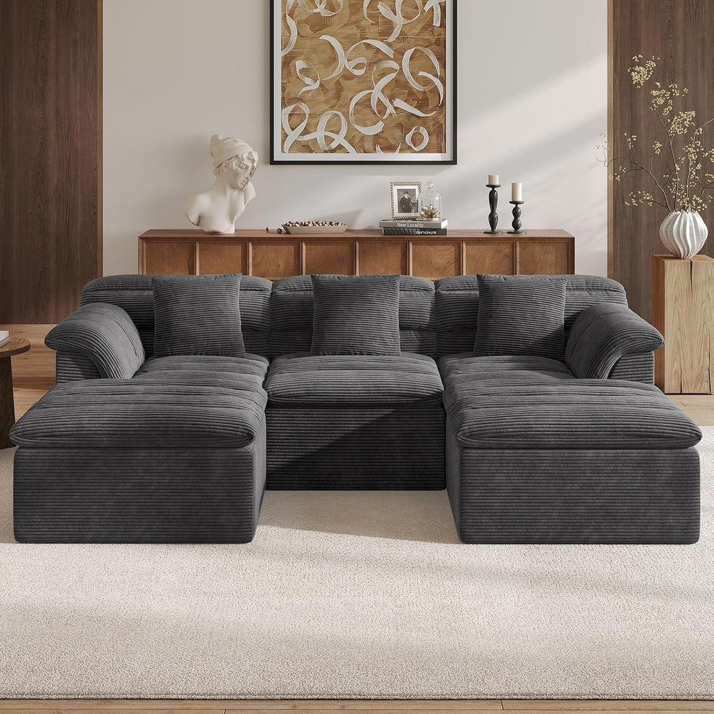 111.8" Modular Sofa with Ottoman, Boneless Cloud Couch with Deep Seat, Comfy U-Shape Corduroy Couches for Living Room, No Assembly Required, Dark Gray