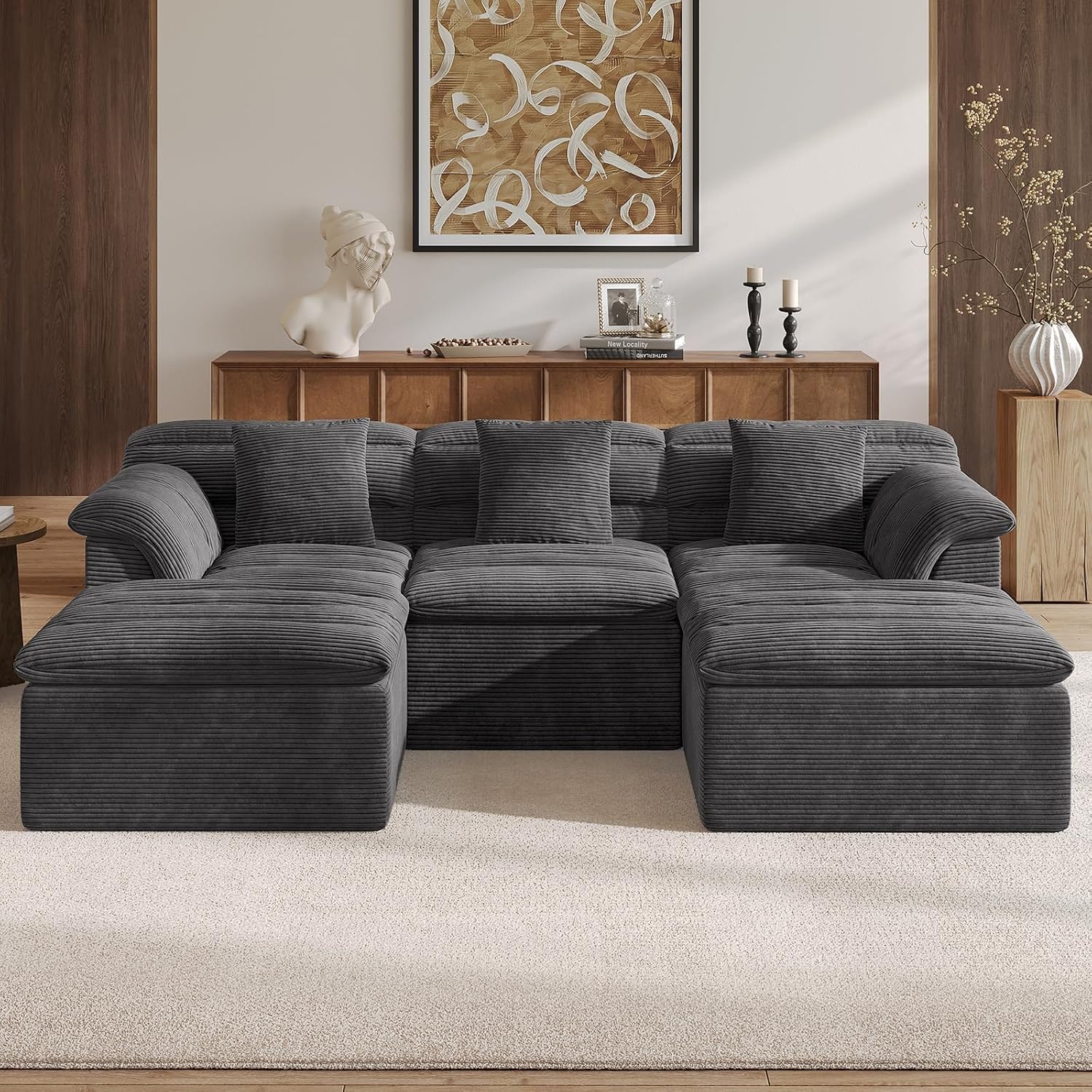 111.8" Modular Sofa with Ottoman, Boneless Cloud Couch with Deep Seat, Comfy U-Shape Corduroy Couches for Living Room, No Assembly Required, Dark Gray