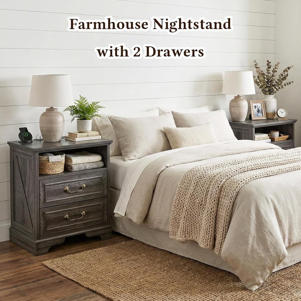 Farmhouse End Table Set of 2, Rustic Wood Nightstand with Charging Station, 2...