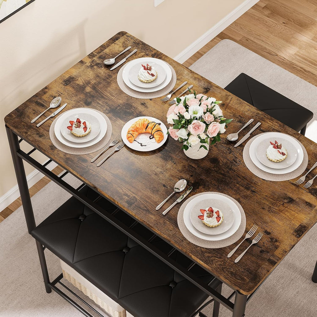 4-Piece Dining Table Set for 4, Industrial Table with Bench & Stools | 4-Piece Dining Table Set for 4, Industrial Table with Bench & Stools