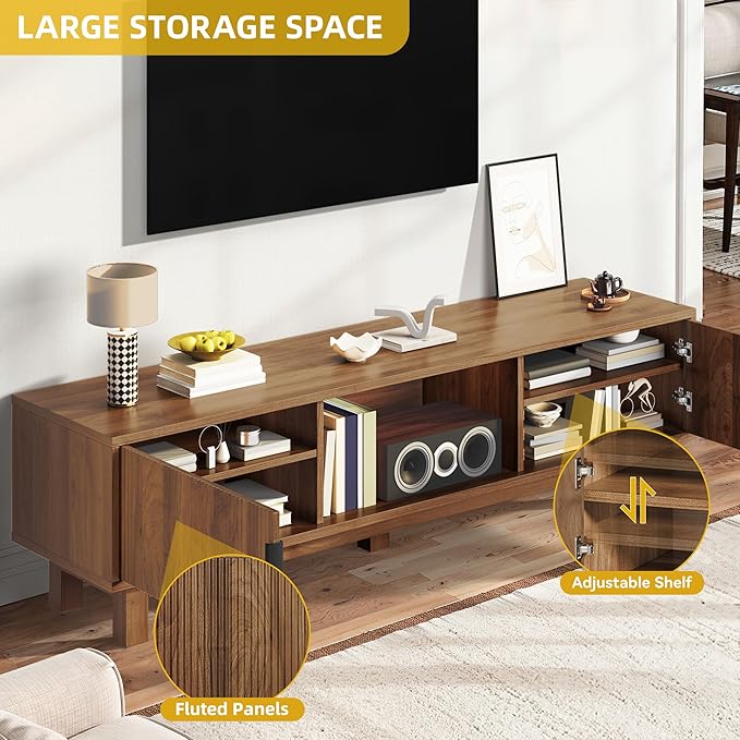 DWVO Fluted TV Stands for Living Room, Entertainment Center for TVs up to 65 Inch, Mid Century Modern Media Console with Power Outlets & Storage Compartments, 59" Long TV Cabinet, Walnut