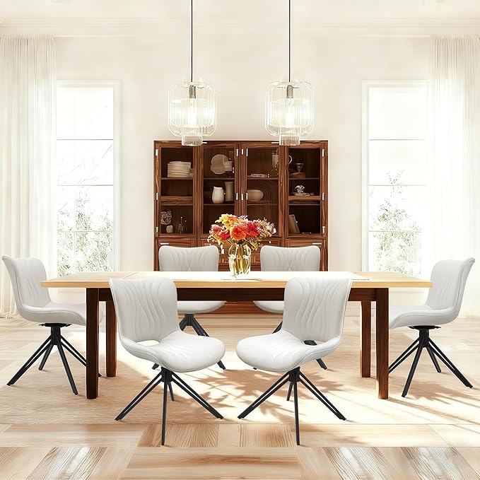 Dining Chairs Set of 6, 360° Swivel Armless Faux Leather Accent Chairs with Padded Back and Metal Legs, Mid-Century Modern Kitchen, Dining Room, Living Room, Bedroom White