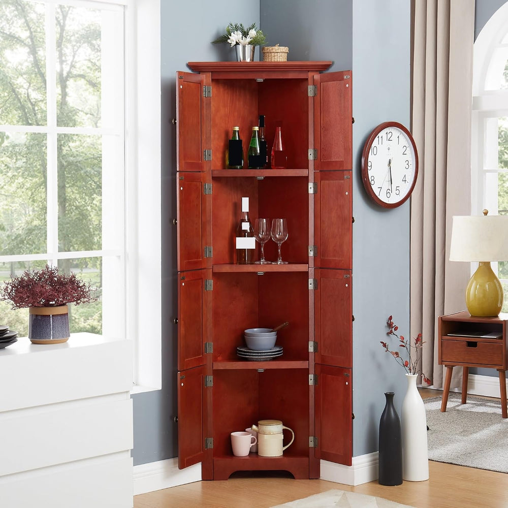 Mid-Century 4-Tier Pantry Storage Cabinet, Corner Cabinet and Adjustable Shel...
