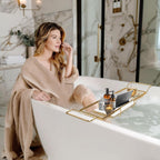 BVL Bathtub Tray Stainless Steel with Marble Base Gold Bathtub Tray with White Marble Base Adjustable & Rustproof Bath Caddy for Spa, Relaxation, Bath Bombs