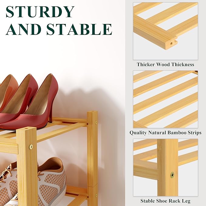 Smiry Shoe Rack, 5 Tier Long Bamboo Shoe Organizer, Stackable Free Standing Wooden Shoe Storage Shelf for Closet, Entryway, Front Door Entrance, Natural