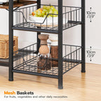 HOOBRO Bakers Rack with Power Outlet and LED Light, 6-Tier Microwave Stand with Wire Baskets, Coffee Bar Station, Kitchen Utility Storage Shelf with 4 Hooks, Rustic Brown and Black BF64UDHB01