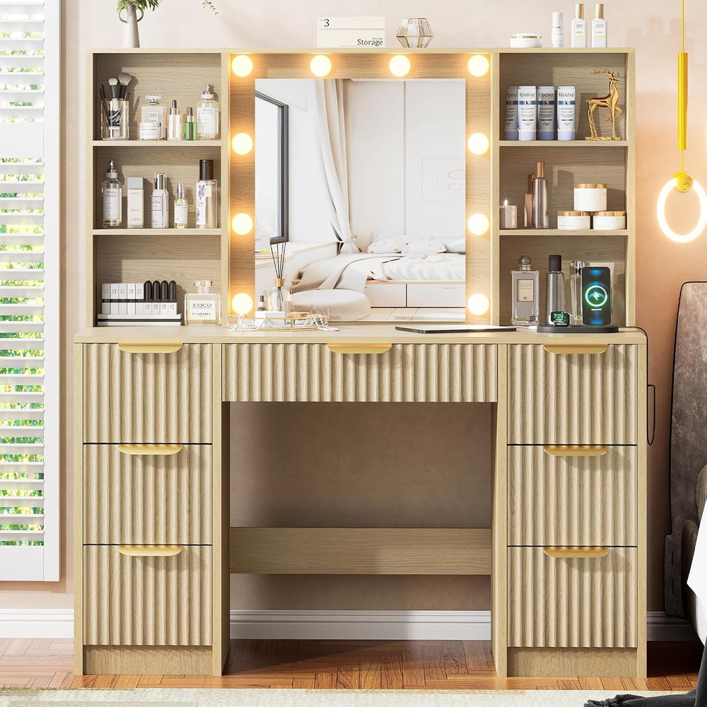 Fluted Vanity Desk with Mirror and 10 Adjustable LED Lights, Modern Makeup De...