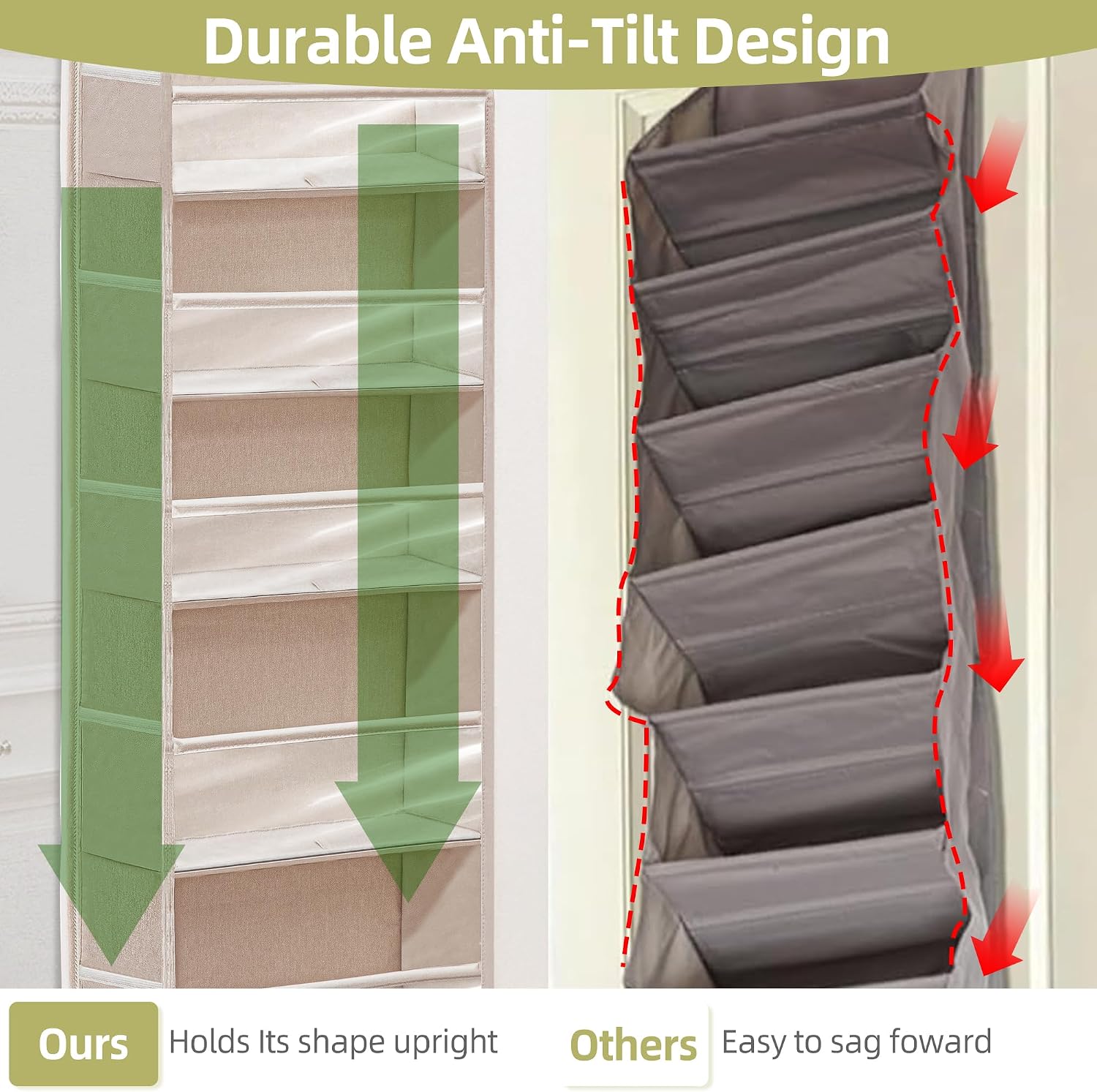 Over Door Organizer with 6 Extra Large Pockets 12 Side Pockets, 2-Pack Sturdy Closet Rack, Hanging Storage Organizer with Clear Window for Shoes, Diapers, Bedroom, Bathroom, Beige