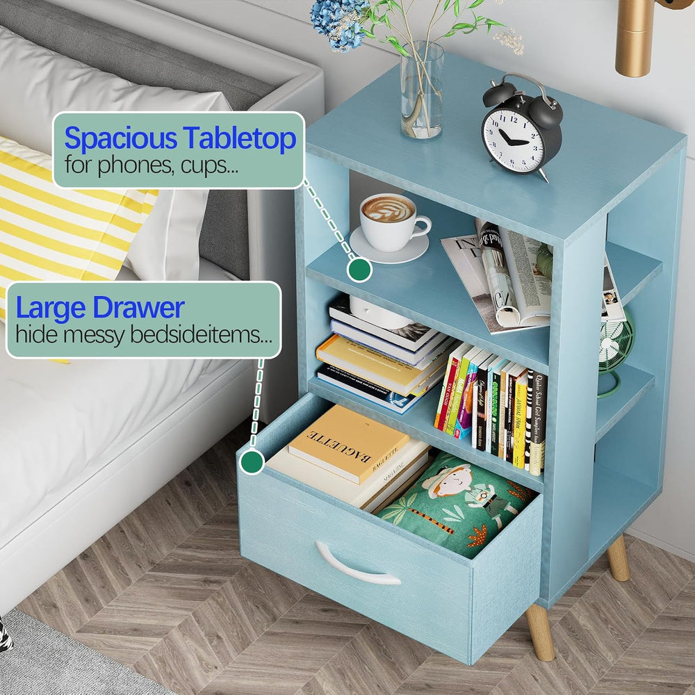 Aenuert Night Stand, Blue Nightstand with Drawer, Side Table with Open Storag...