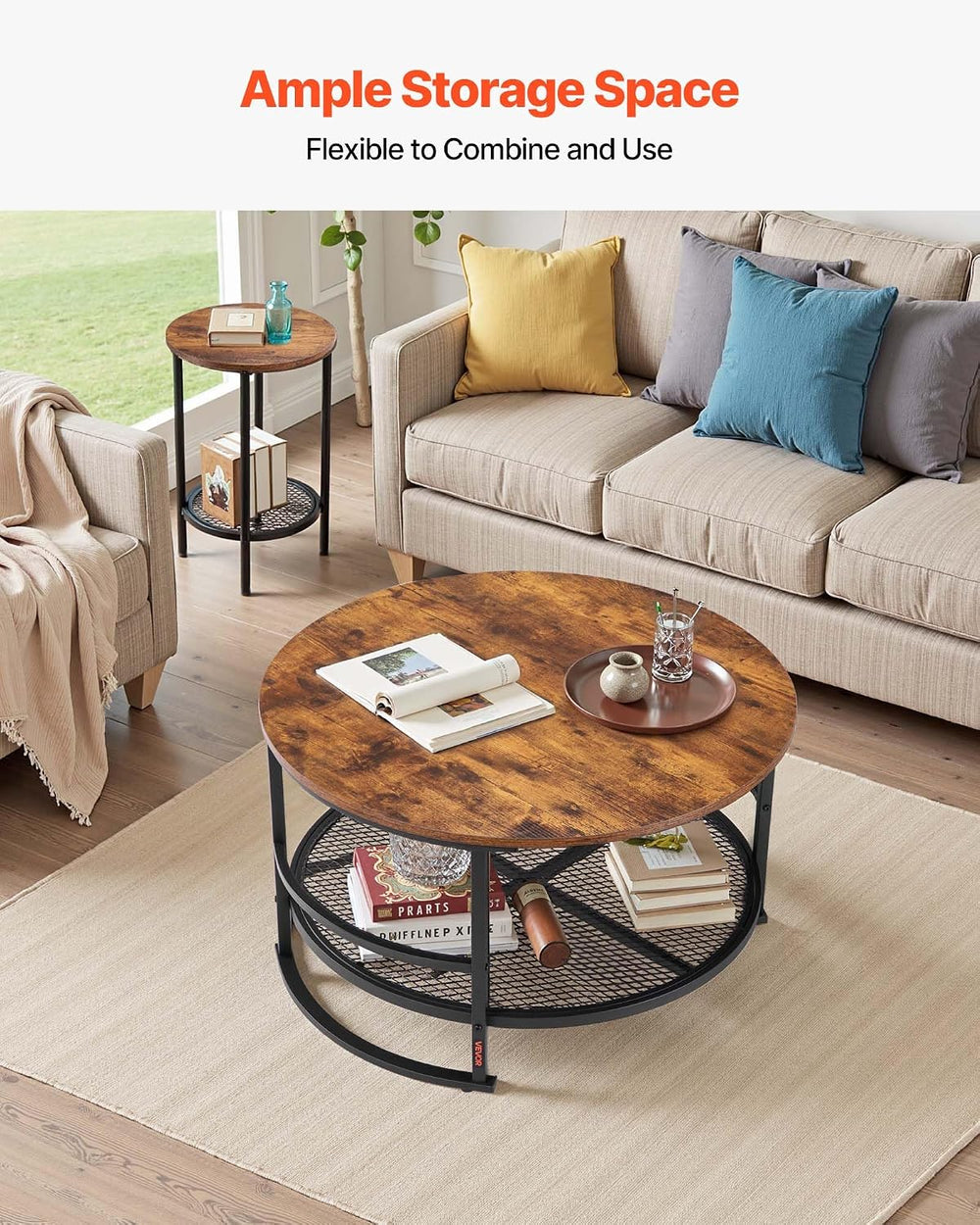 VEVOR 3 Pieces Round Coffee Table Sets, 31.5 in Industrial Living Room Table ...