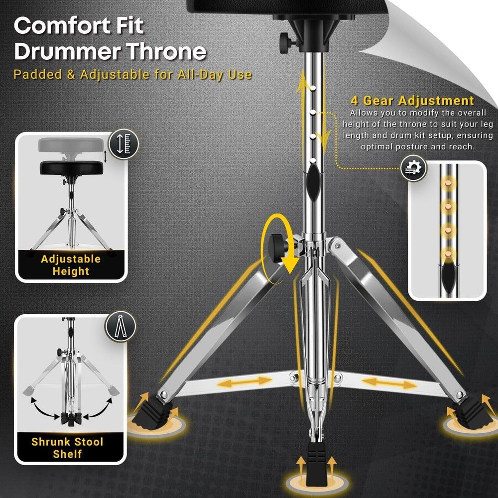 Flexzion Drum Throne, Adjustable Padded Drum Stool, 12-Inch Seat, Black