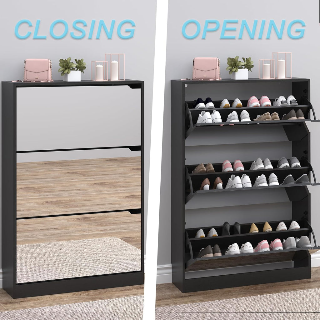Shoe Cabinet with 3-Flip Mirror Drawers, Freestanding Shoe Rack Organizer with Hidden Handle, Slim Narrow Shoe Storage Cabinet for Entryway, Entrance, Hallway, Bedroom