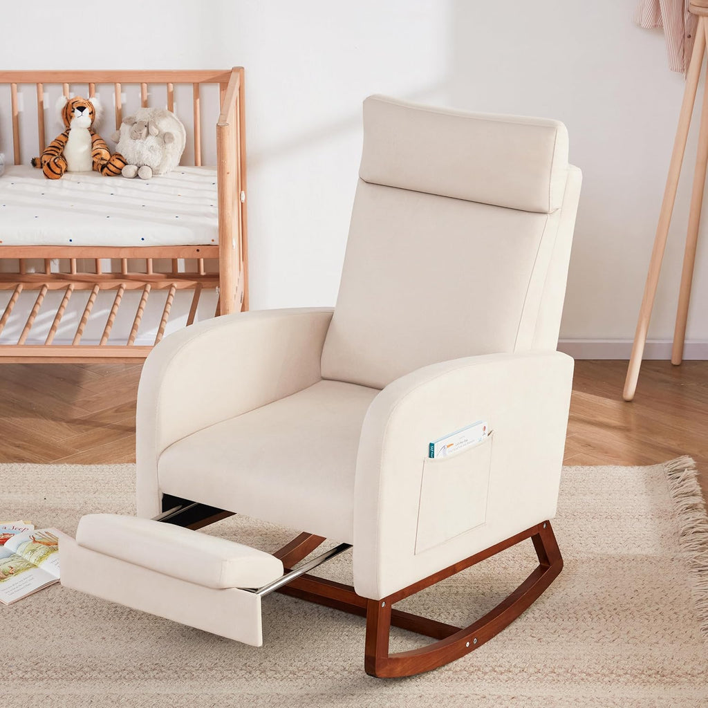 Rocking Chair Nursery High Back Rest Glider Rocker with Footrest Nursing Rocking Chairs Upholstered Accent Arm Chair for Living Room Bedroom Indoor, Beige
