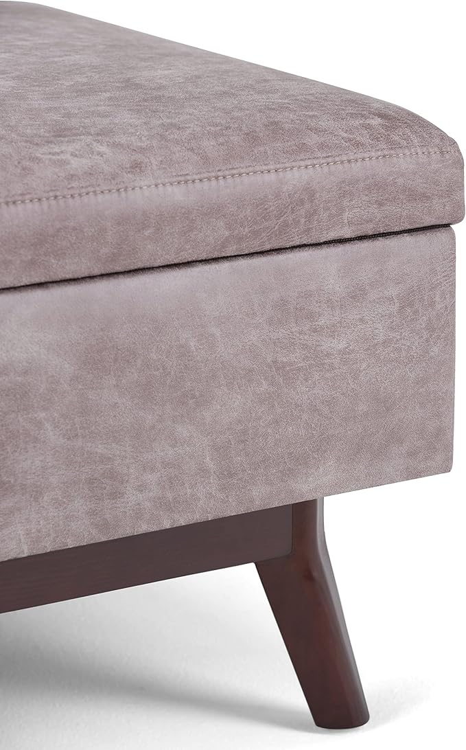 SIMPLIHOME Owen 34 inch Wide Mid Century Modern Rectangle Coffee Table Storage Ottoman in Distressed Grey Taupe Vegan Faux Leather, Assembled, for the Living Room, Entryway and Family Room