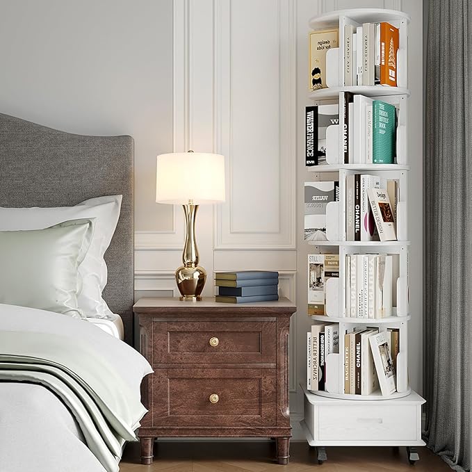 Solid Wood Rotating Bookshelf Tower, 5 Tier Spinning Bookcase with Drawer, 72" Floor Standing Revolving Bookshelf on Wheels, Corner Bookcase for Small Space, White