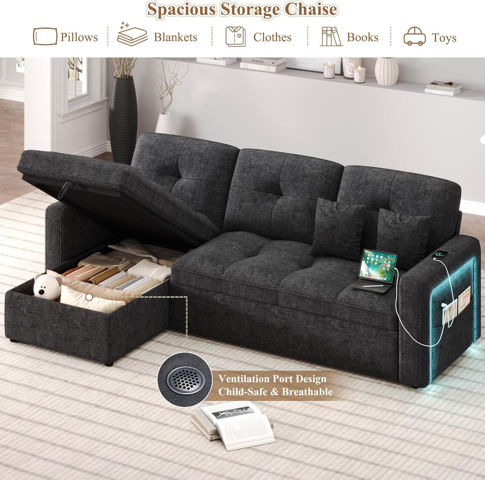 81'' LED L-Shaped Sectional Couch for Living Room, Sleeper Sofa Bed, ...