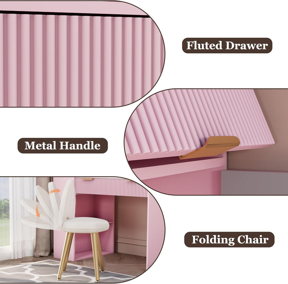 Royal Windsor Makeup Vanity Desk with Mirror and Lights, with Chair,Pink | Va...