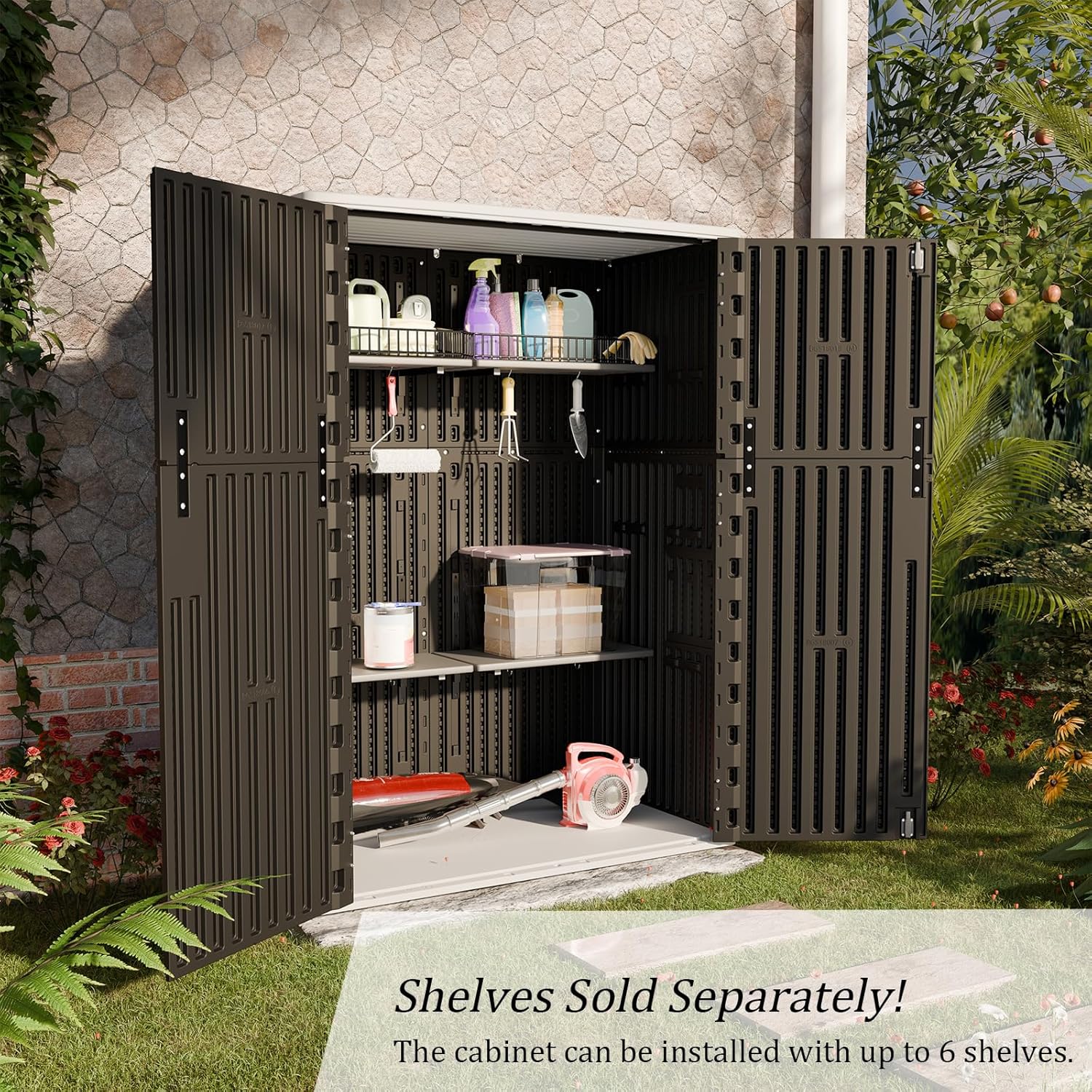 HOMSPARK Outdoor Storage Shed Weather Resistance, Patio Storage Cabinet Lockable Resin Tool Shed for Storage of Bike, Trash Cans, Garden Tools (Black, 66 Cu.ft)