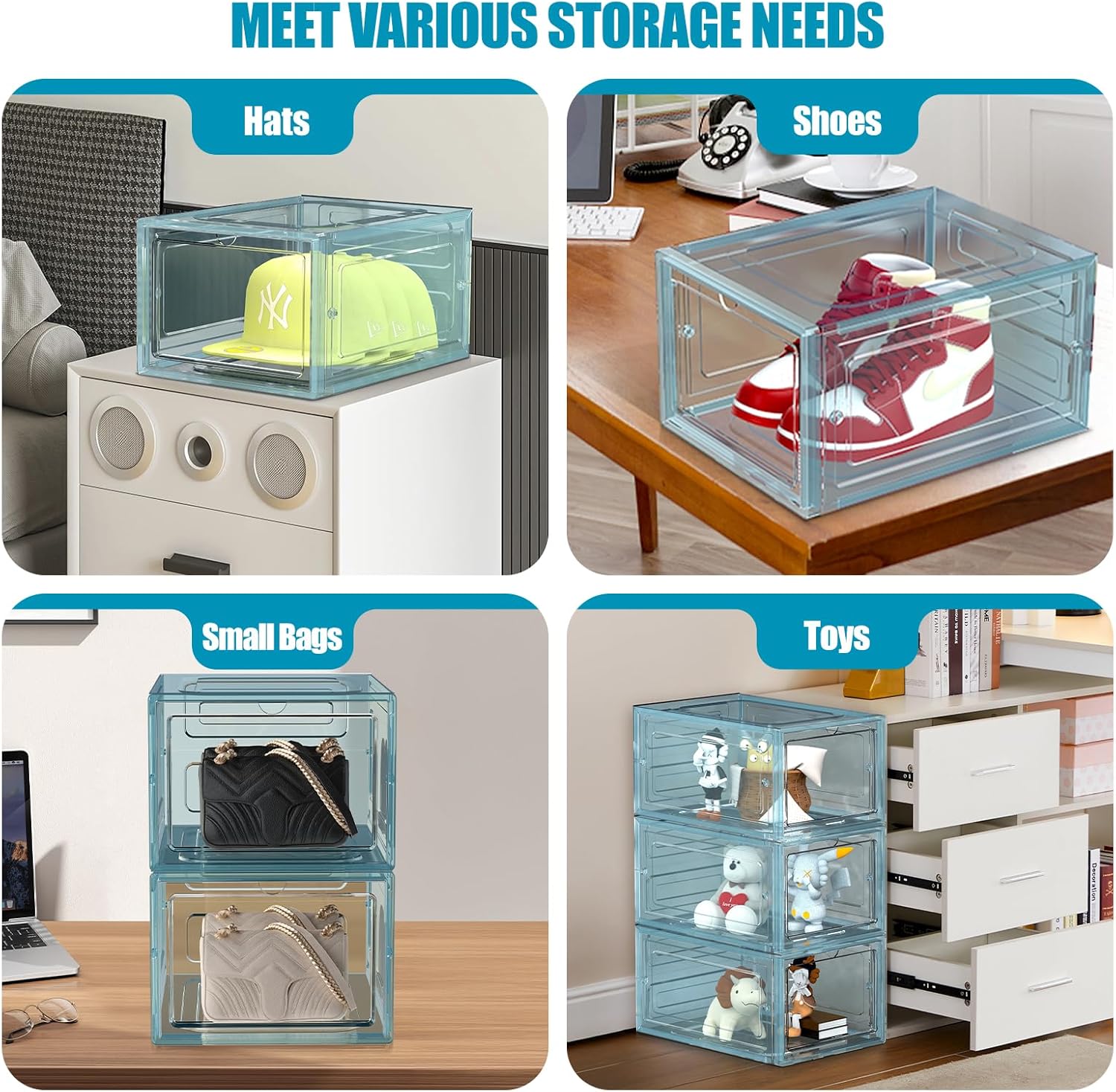 Hat Organizer Box, Stackable Clear Baseball Caps Holder Box Containers with Magnetic Door for Hats Snapback Cap Storag, Hat Rack Display Case, Holds 8 Hats Each (Blue, 2 Pack)