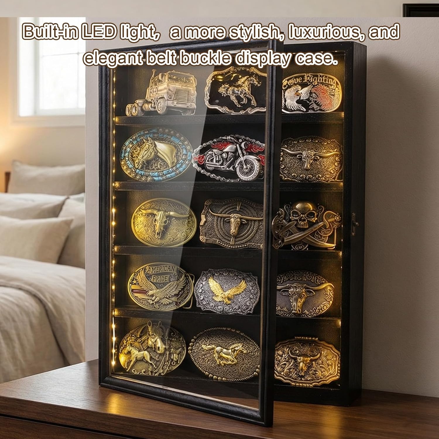 Belt Buckle Display Case, 5 Belt Buckle Holders Included, 17x12 Black Shadow Box with LED Light, Wall-Mounted Men's Belt Clip Storage Box, Lockable