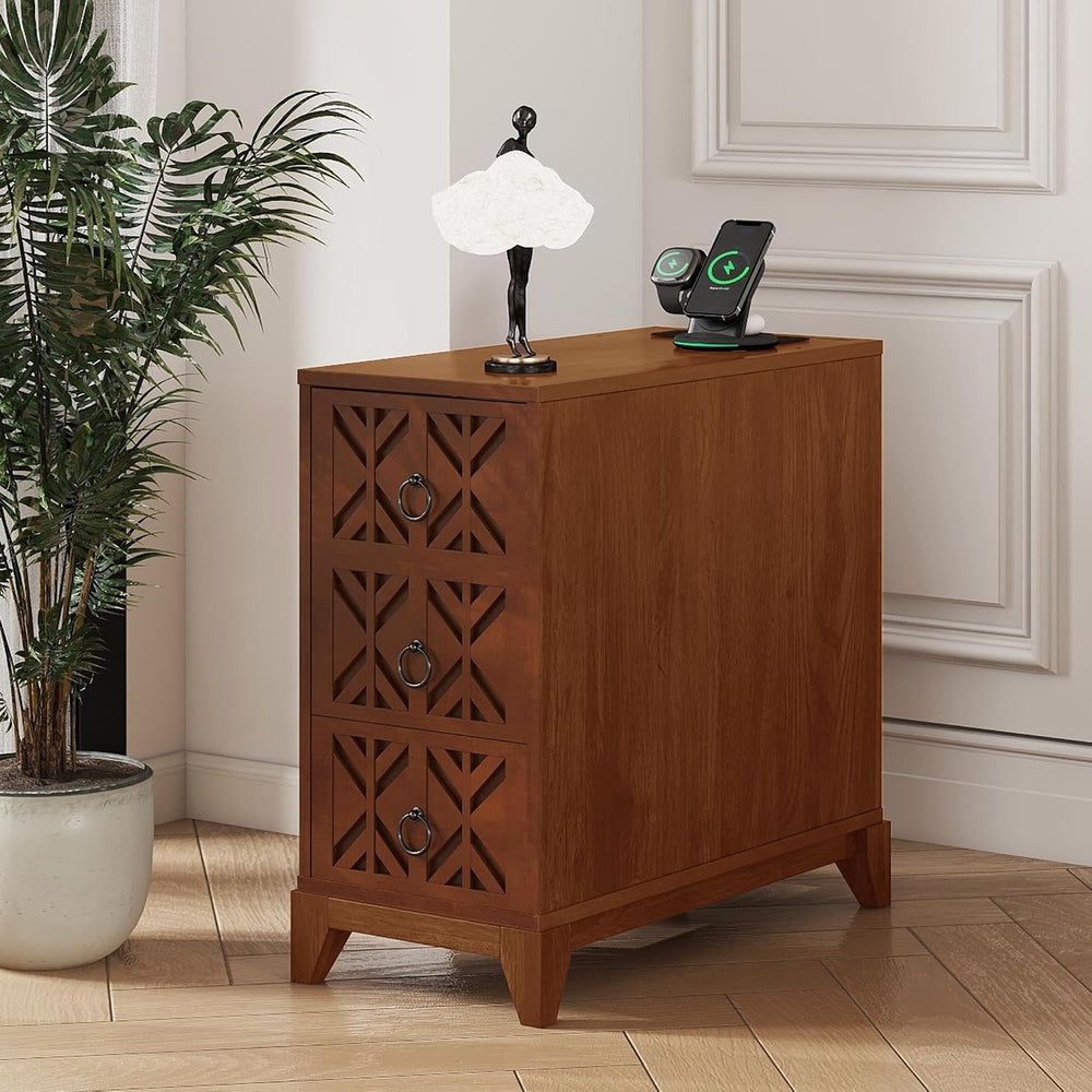 End Table with 3 Drawers and 2 Open Shelves, Walnut Finish Corner Table for B...