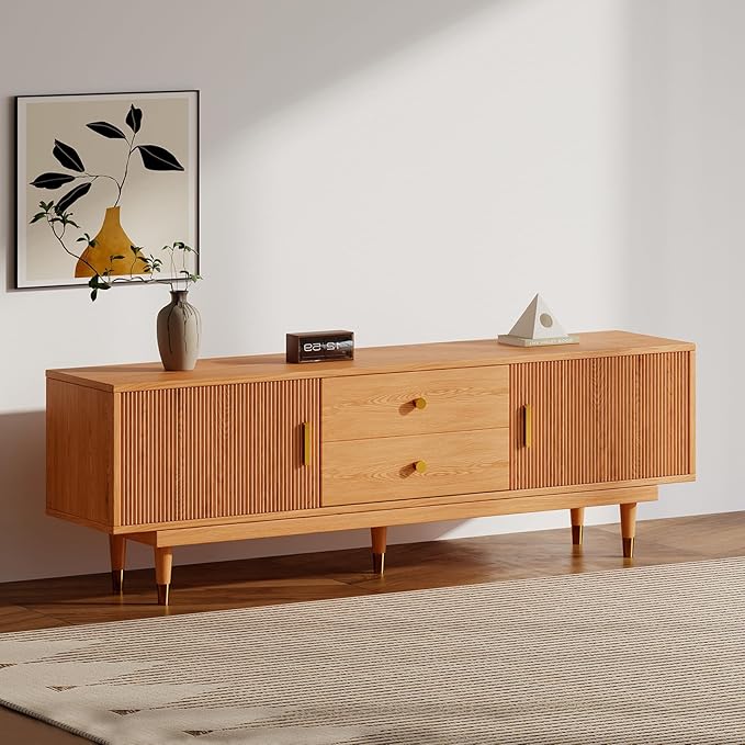 Mid Century Modern TV Stand for 80 inch TV, 70.9" Wood TV Console with 2 Storage Cabinet & 2 Drawers, Entertainment Center, Media Console for Living Room/Bedroom