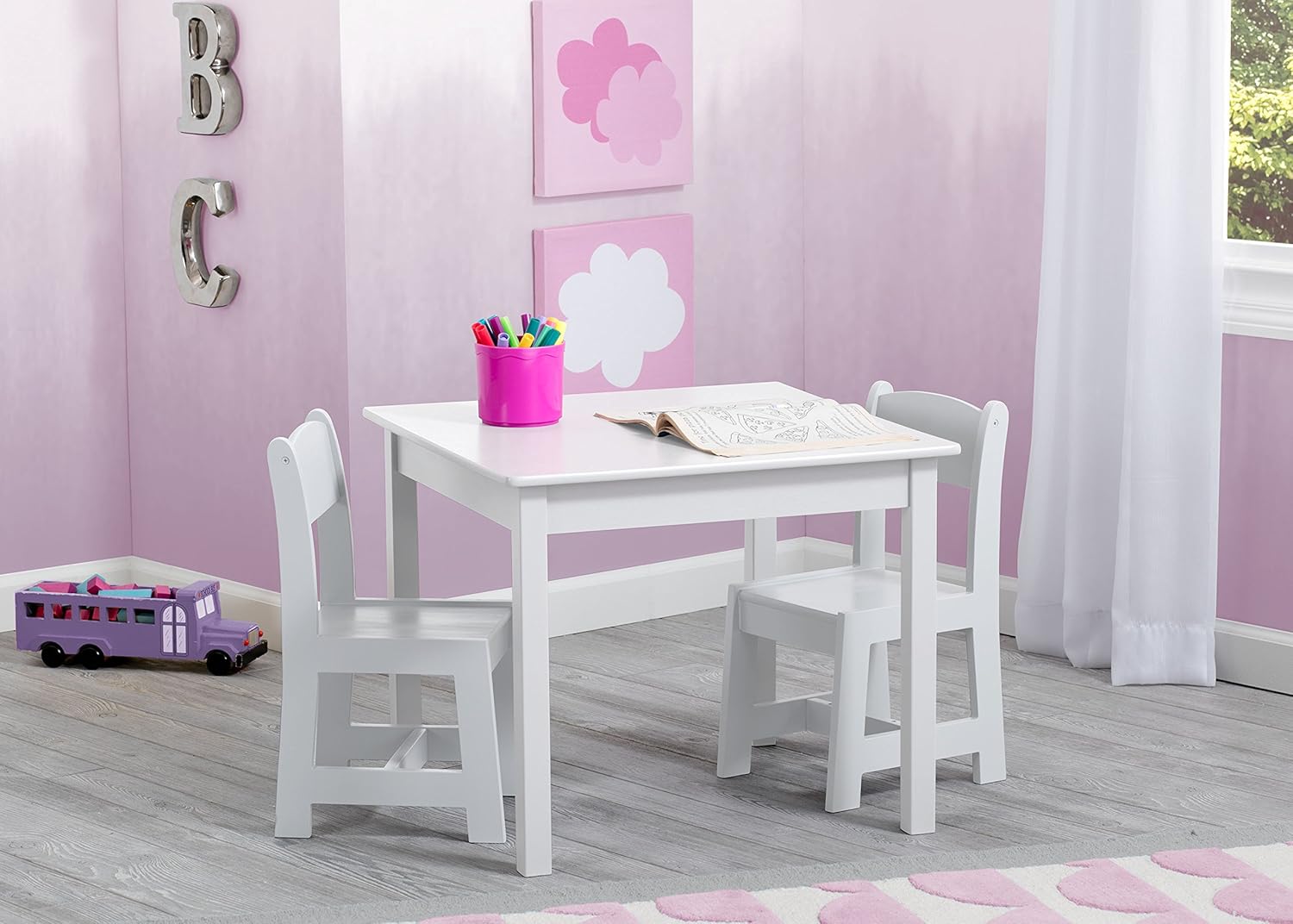 Delta Children MySize Kids Wood Table and Chair Set (2 Chairs Included) - Ideal for Arts & Crafts, Snack Time, & More - Greenguard Gold Certified, Bianca White, 3 Piece Set