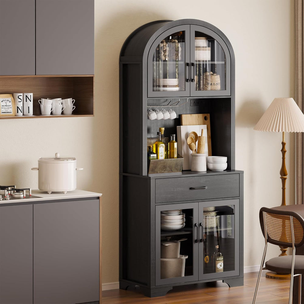 Arched Kitchen Pantry Storage Cabinet, Black Wooden Coffee Bar Cabinet with D...