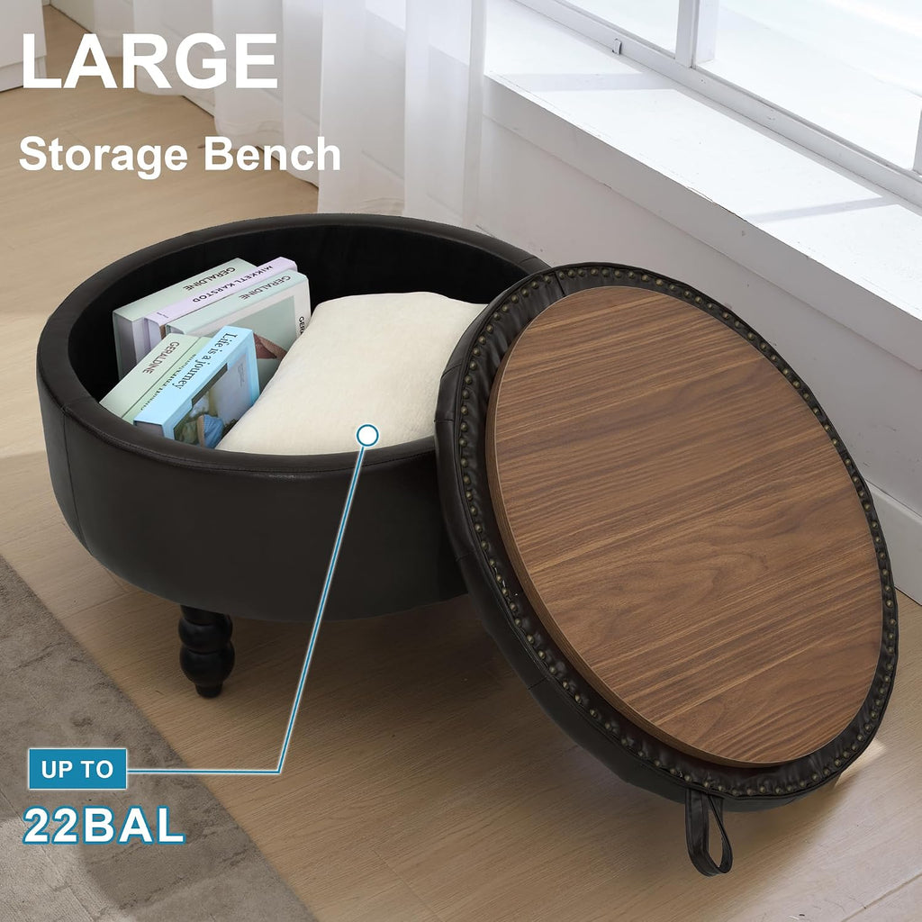 30 Inch Round Ottoman with Storage, Tufted PU Leather Storage Bench for Bedroom, Living Room & Entryway, Modern Upholstered Coffee Table with Wooden Black Legs, Dark Brown(PU)