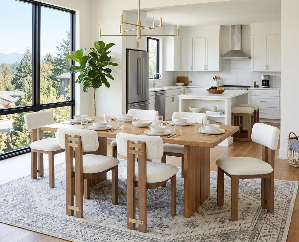 BESTANO Sherpa Boucle Wooden Dining Chairs Set of 4, Modern Farmhouse Dining ...
