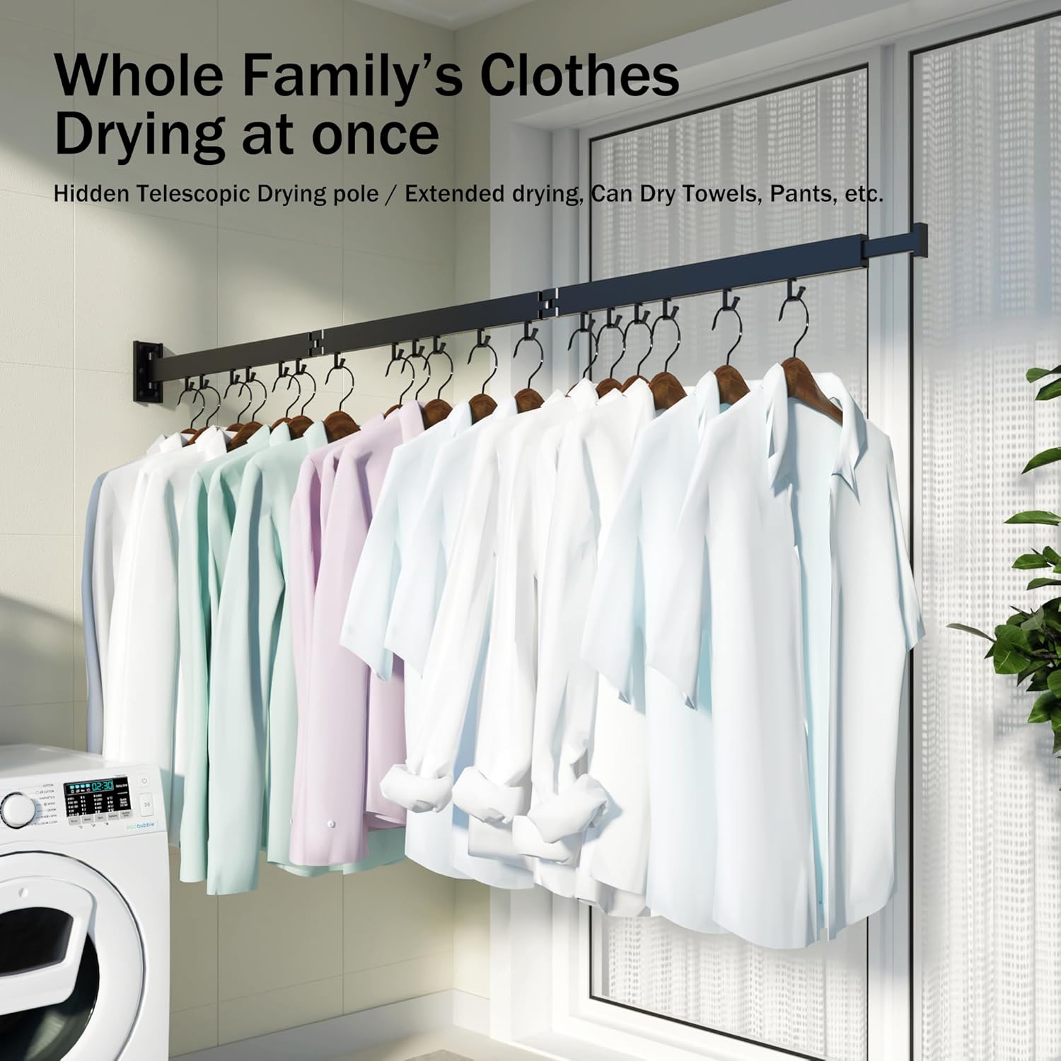 HEILAIYI Clothes Drying Rack for Laundry,Wall Mounted Clothes Hanger Rack,Folding,Retractable,Collapsible(J Shape Hooks)