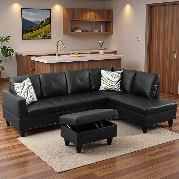 Sectional Couches for Living Room with Movable Chaise & Storage Ottoman - 97.5" Leather L Shaped Couches for Living Room Apartment, 4 Seat Home Furniture Modular Sectional Sofas, Black