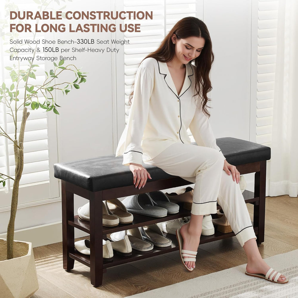 40" Shoe Bench with Leather Cushion, 2-Tier Shoe Rack Entryway Bench, Wo...