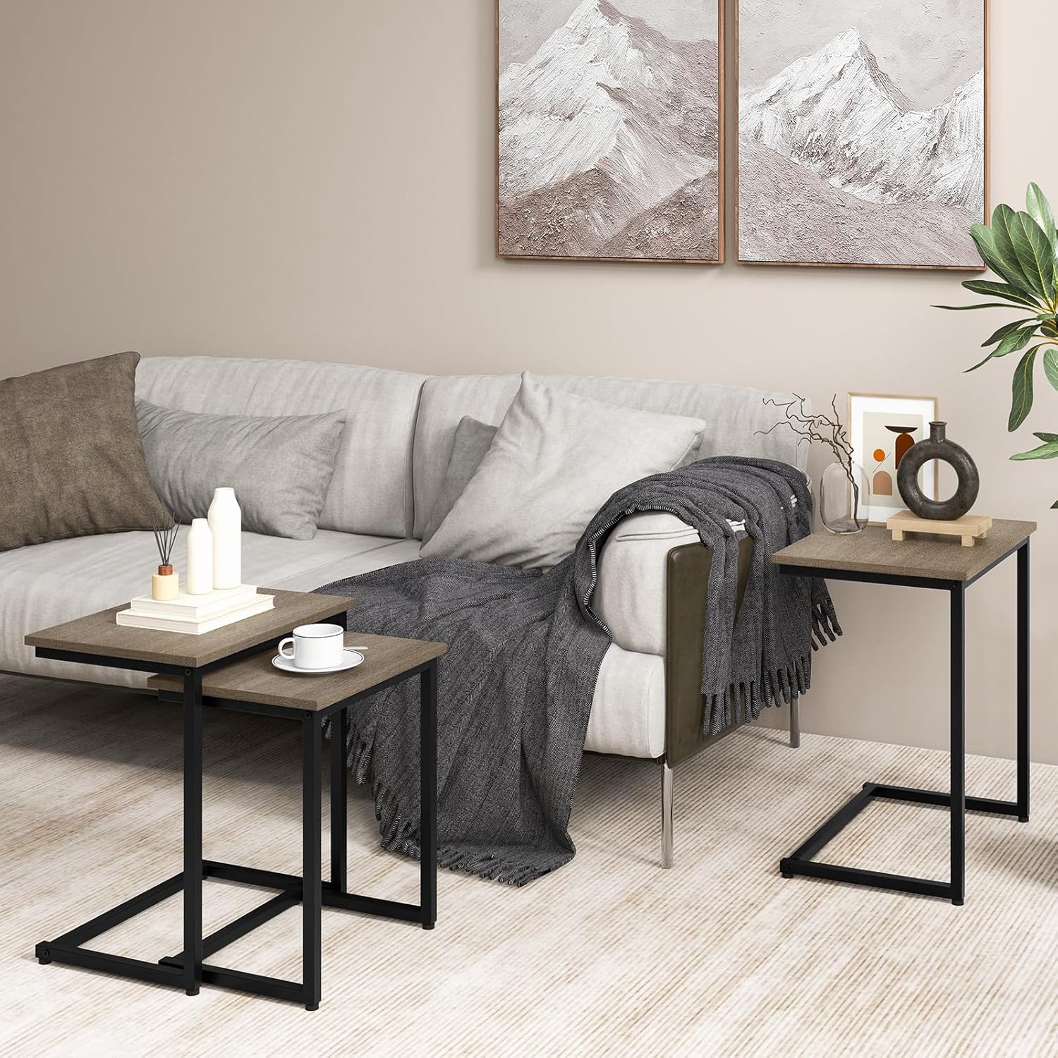 Giantex Nesting Coffee Table Set of 3, Stackable Square End Table w/Wood Grain Tabletop & Heavy-Duty Metal Frame, Farmhouse C-Shaped Accent Table for Small Space, Living Room, Bedroom (Black Oak)