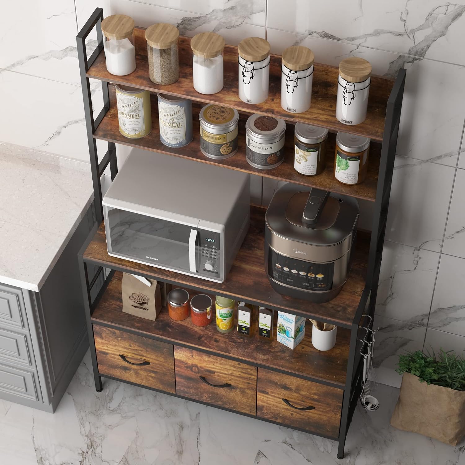 Kitchen Bakers Rack with Baskets,5-Tier Free Standing Storage Shelf Rack,Industrial Microwave Oven Stand,Metal Kitchen Rack Organizer with Hooks