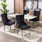 Mid Century Modern Dining Chairs Set of 6, Black Velvet Upholstered Tufted Back, Kitchen & Dining Room Chairs, Brushed Silver Metal Legs, Nailhead Trim, Sillas para Comedor (Black, 6 Pcs)