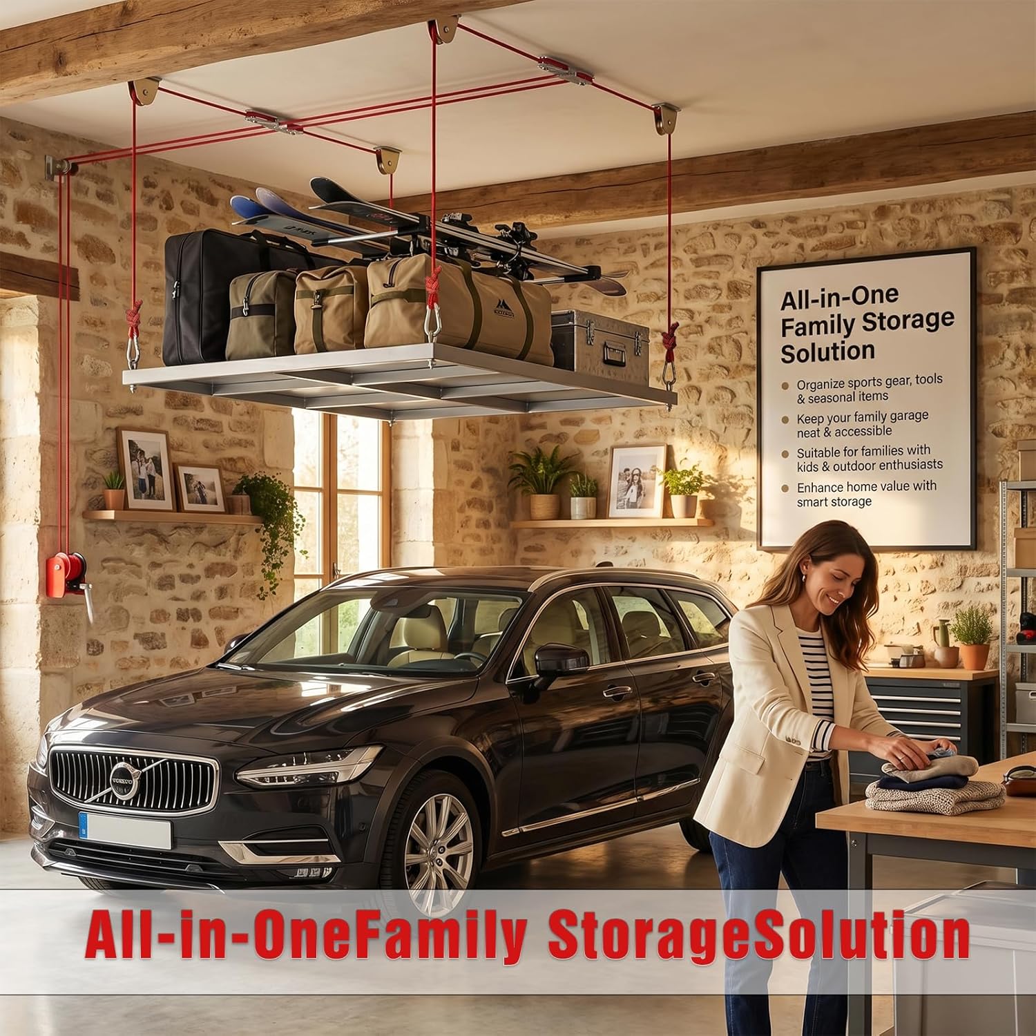 Overhead Garage Storage Lift Hoist, 400 lbs Ceiling Garage Hoist System with Hand Crank, Heavy Duty Double Rope Pulley Lift, Adjustable Garage Organizer for Bikes, Kayaks & Storage Bins (No Platform)