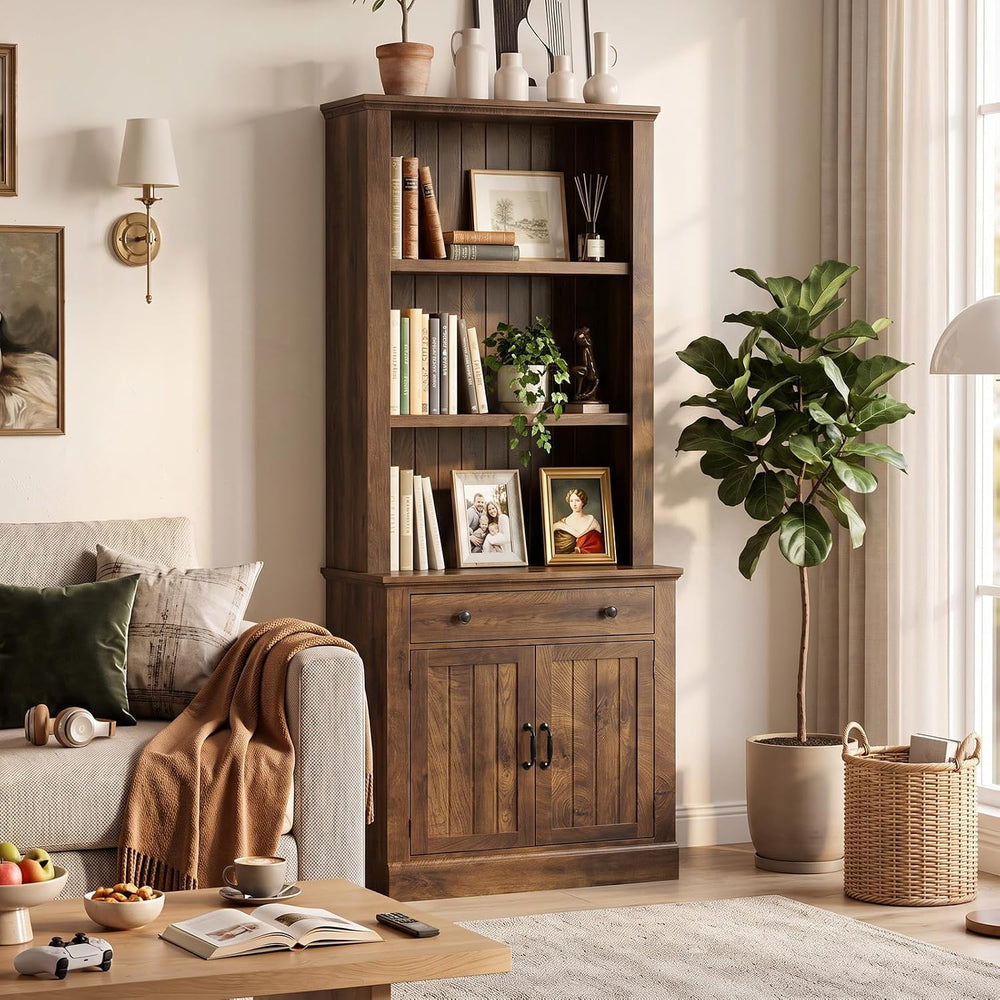 80" Tall Bookcase with Drawer and Doors, Farmhouse Bookshelf,Oak