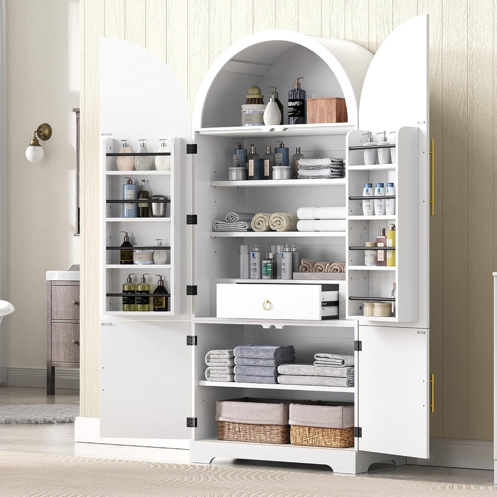 72" Tall Arched Kitchen Pantry Cabinet, Fluted Freestanding Storage Cupb...